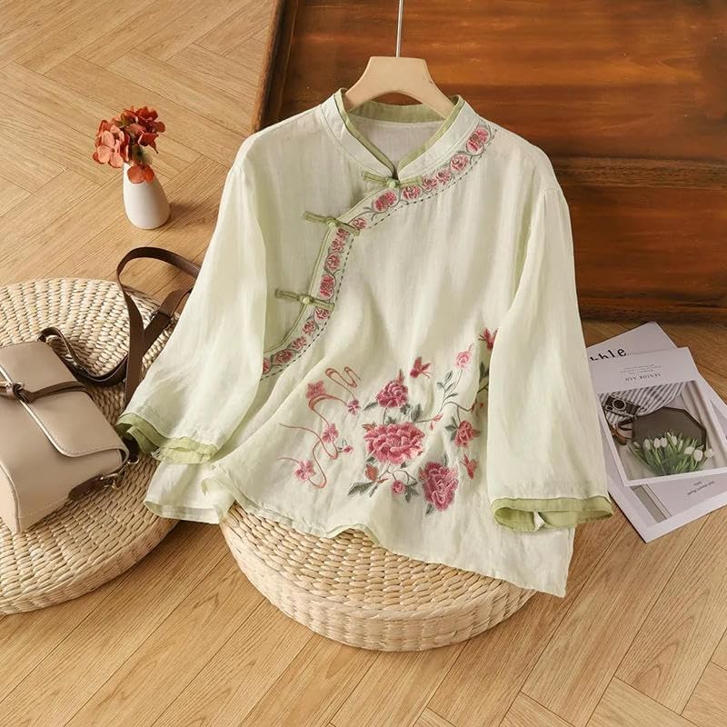 Women's Spring Summer Ethnic Style Cotton Linen Embroidered Asymmetrical Blouse Frog Button Retro 3/4 Sleeve Top