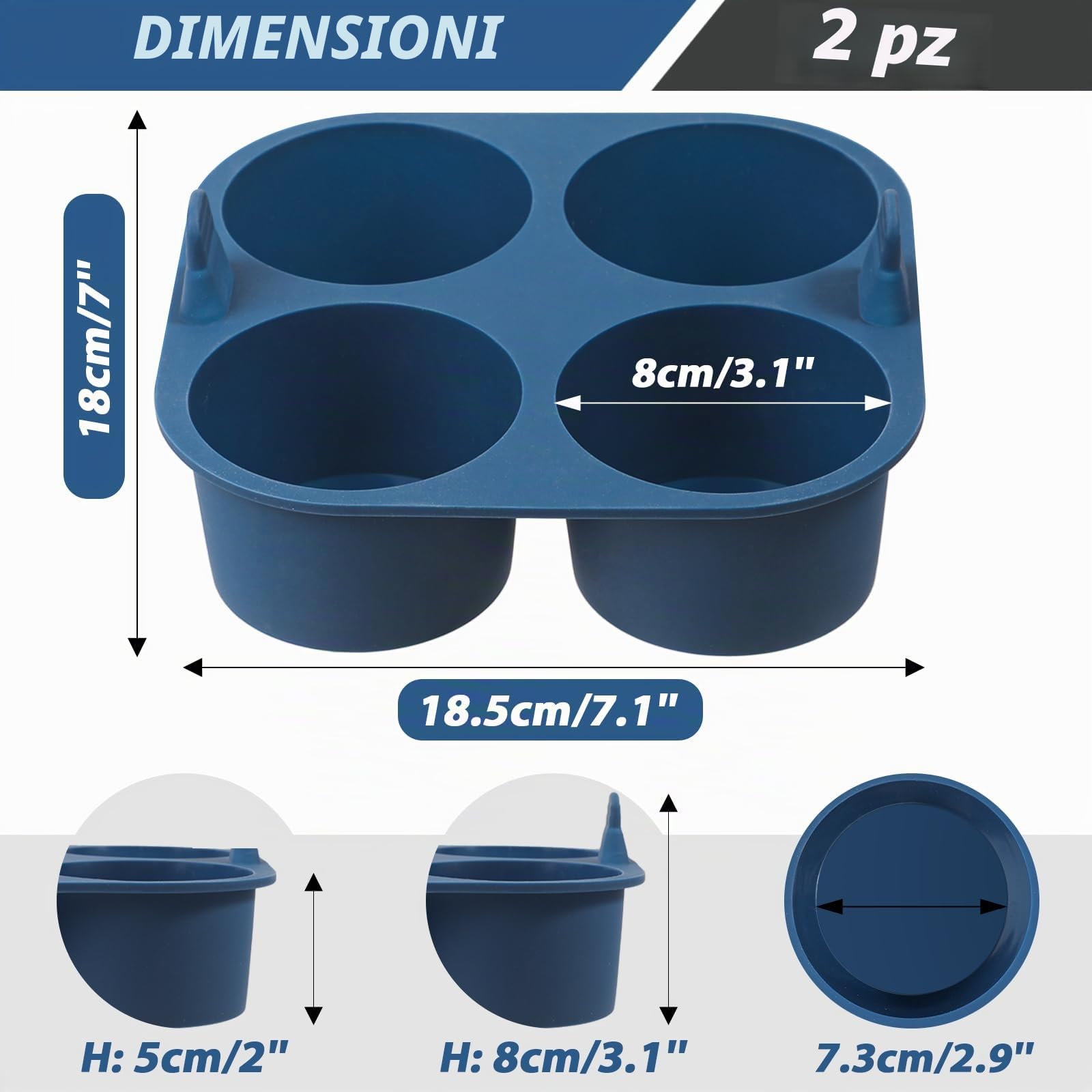 webake Vassoio profondo in silicone per muffin, per friggitrice ad aria, 2 pezzi, 8 cm, grandi stampi giganti per cupcake, cupcake, torte, budini, 18,5 x 18 x 5 cm