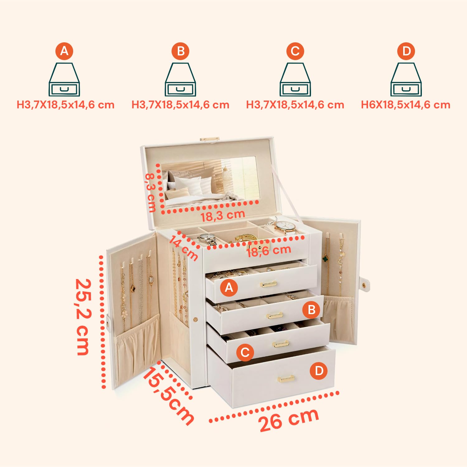 Avilia - Portagioie Moderno Donna Funzionale, Specchio Integrato, 4 Cassetti, Organizer Capiente e Antigraffio con Scomparti Regolabili, Ideale come Regalo Elegante