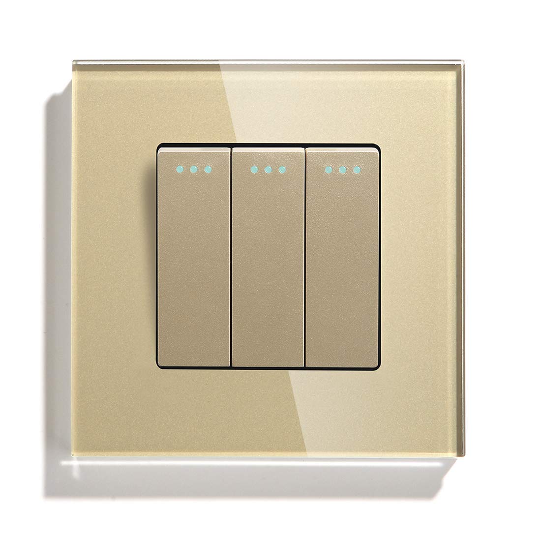BSEED Light Switch 3 Gang 2 Way Glass Light Switches Screwless 10A Rocker Tactile Wall Switch Gold Crystal Toggle Switch — image 1
