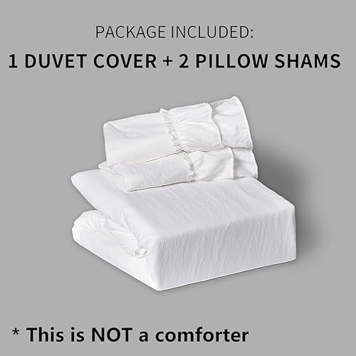 Miniatura 6 de HIG Juego de funda de edredón I de 3 piezas prelavado, 2 capas de volantes con diseño de color sólido, juego de funda de edredón estilo granja con 4