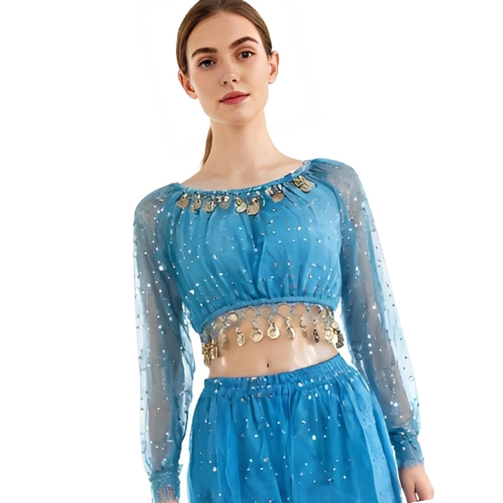 Babibaobei Unisex Lake Blue Contemporary Stage Belly Dance Top With Reflective Sequins Creating Dynamic Light Effects For Enhancing Visibility Practice Top