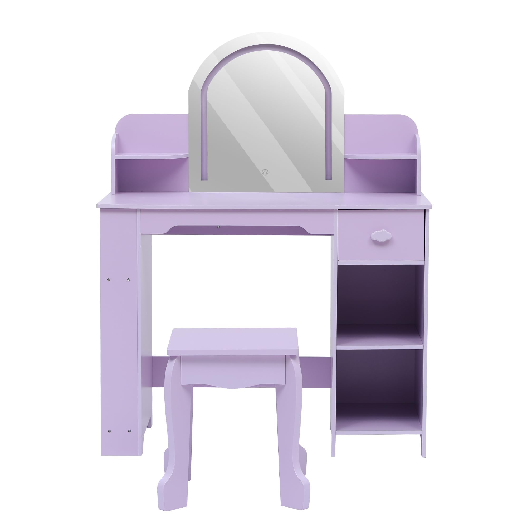 Coiffeuse Enfant avec Miroir LED, Tiroir Et Tabouret
