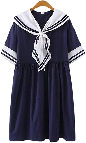 Amazon Co Jp Shuming ワンピース レディース セーラー服 半袖 セーラーワンピース 膝丈 かわいい Aライン ドレス ロリータ風 森ガール Jk制服 コスプレ Freeネイビー ホビー