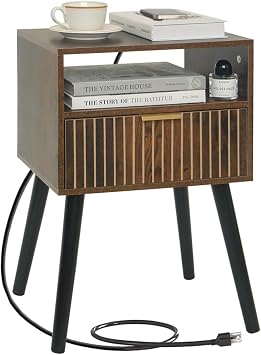 Mid-Century Modern Nightstand with Charging Station, Wooden Bedside Table with Drawer, Modern End Table for Bedroom or Small Spaces, Easy to Assemble, Rustic Brown and Black
