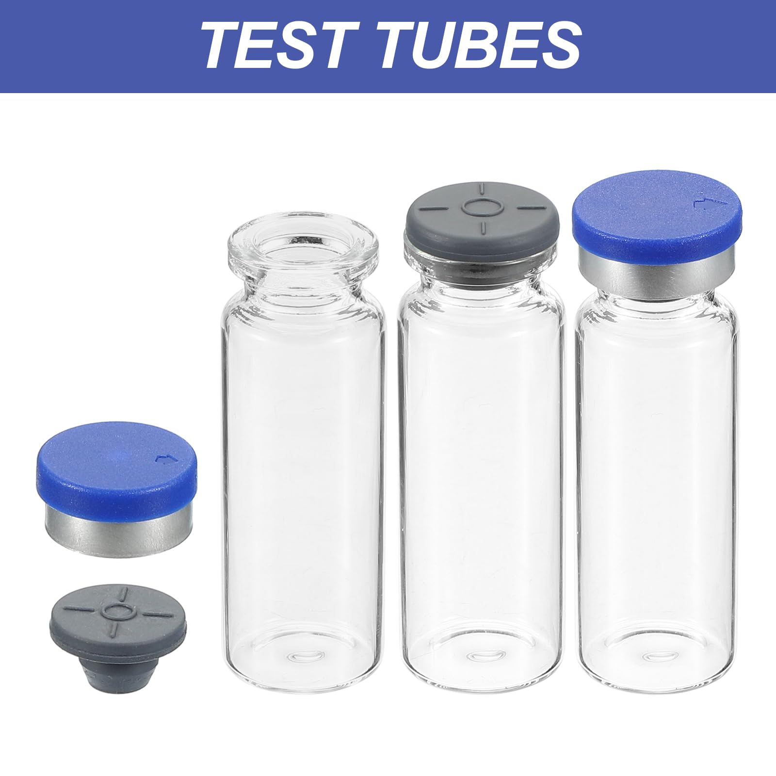 PATIKIL Flacons d'échantillons de 15 ml, lot de 100 flacons vides de laboratoire avec bouchon en caoutchouc butyle, coques à sertir et étiquettes en verre borosilicaté, transparent