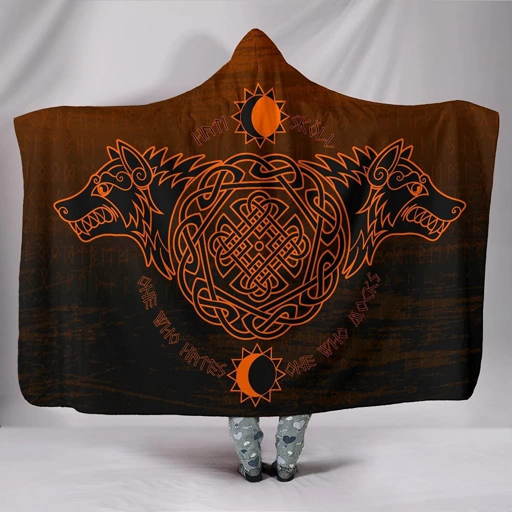 Cape de couverture à capuchon viking pour enfant plaid loup skoll et hati flanelle sherpa 45x60