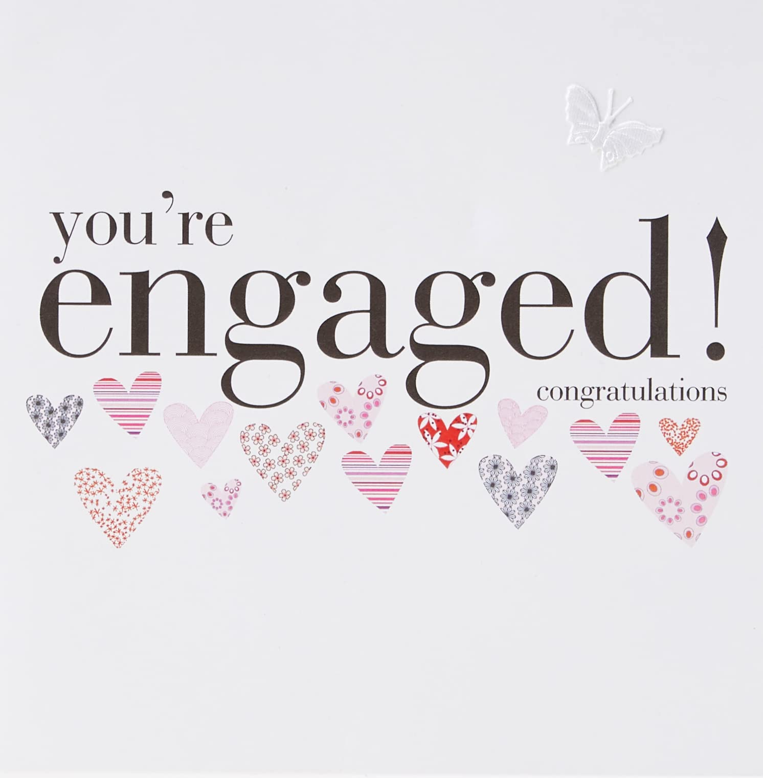 Claire Giles Greeting Cards, Wedding Engagement Card, Pink Hearts design Wedding Congratulations Greeting Card, Embellished with a Fabric Butterfly