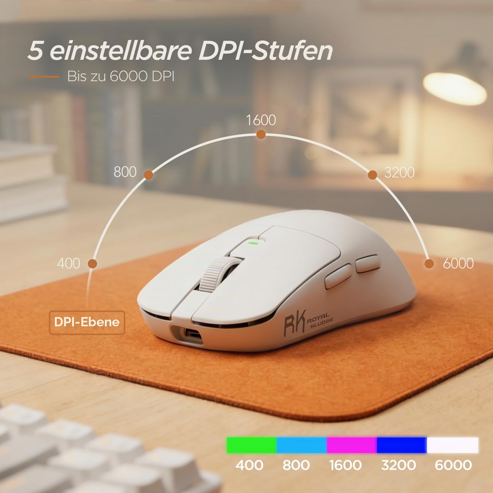 RK ROYAL KLUDGE MO3 Gaming Maus Kabellose PAW3809 6K DPI 48g leichte Computer Maus Bluetooth/2.4G/Kabel wiederaufladbare Wireless Mouse mit 5 programmierbaren Tasten, leisen Klicks für Laptop/PC, Weiß