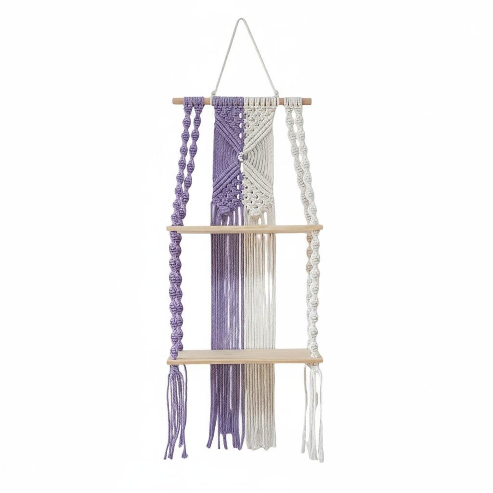 Tapestry murale macramé en coton durable et tablette bois au design raffiné