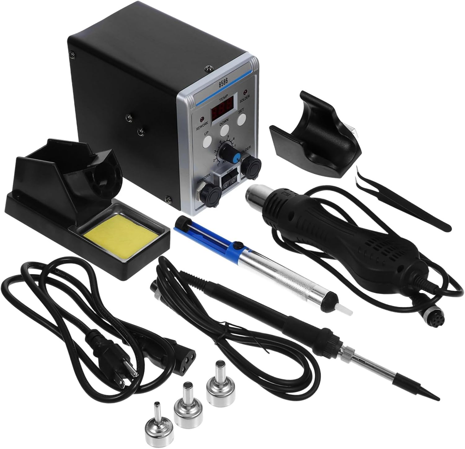 Digital Hot Air Rework Soldering Station with Bent Tip Tweezer and Solder Sucker Fast Heating Dual-function Soldering Iron Kit for Precise Temperature Control and Efficient Repair