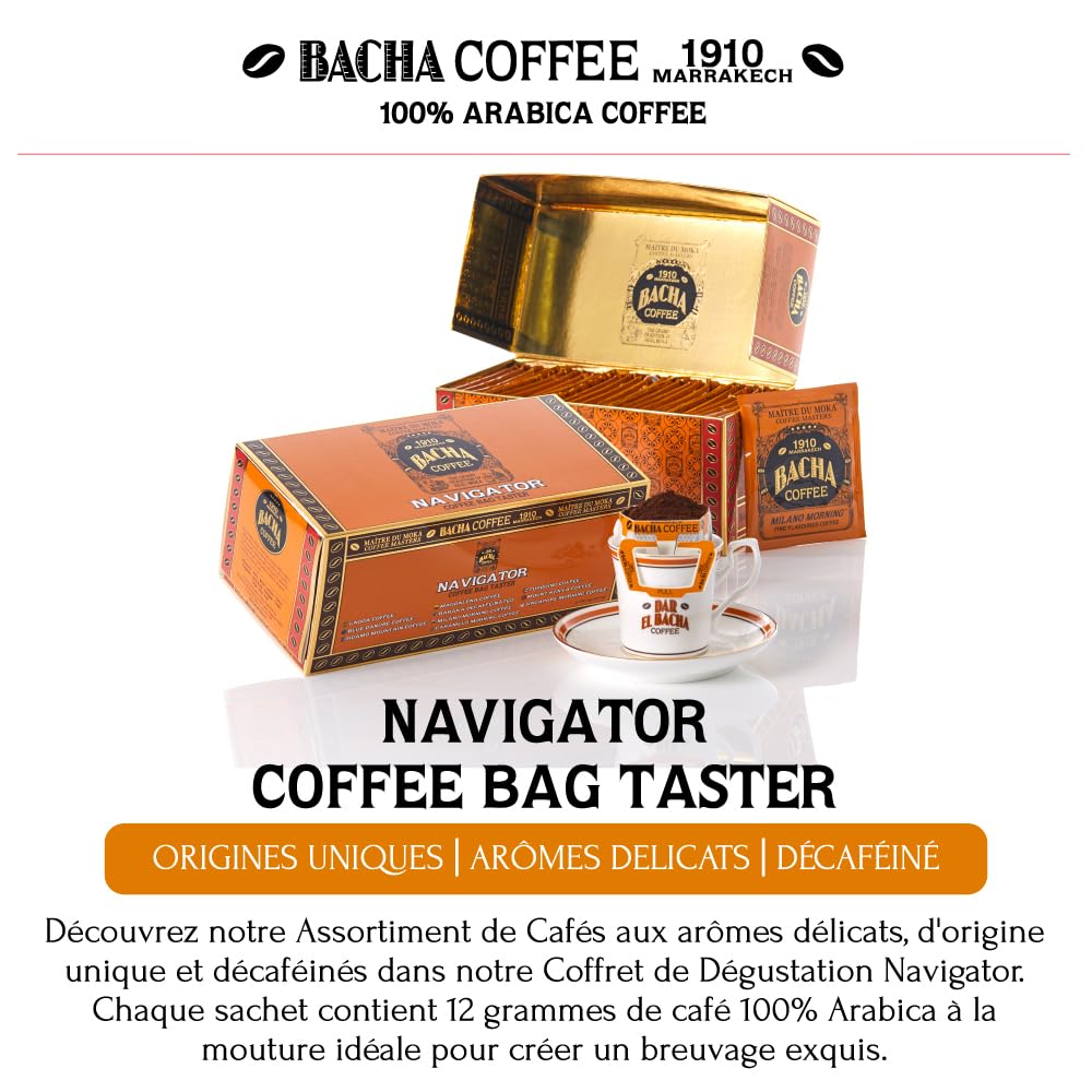 Bacha Coffee - Café Coffret de Dégustation Navigator - 25 Sachets 12g | Arômes Délicats, Origine Unique et Décaféiné - Cafés 100% Arabica - Sachets avec filtre intégré - Coffret Cadeau