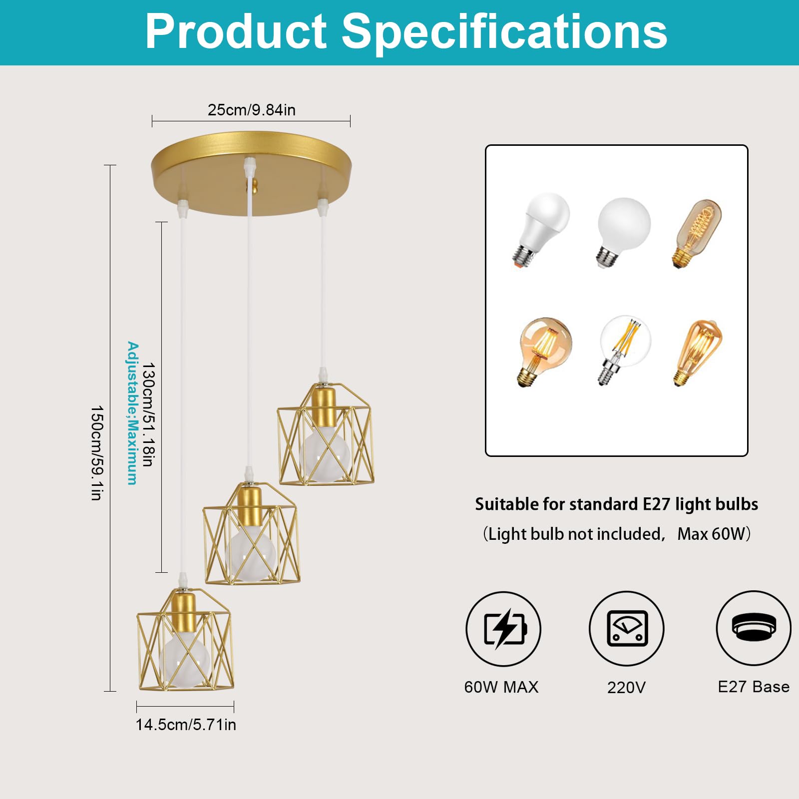 Lampadario a Sospensione Moderno, 3 Luci E27 Lampada da Soffitto Vintage