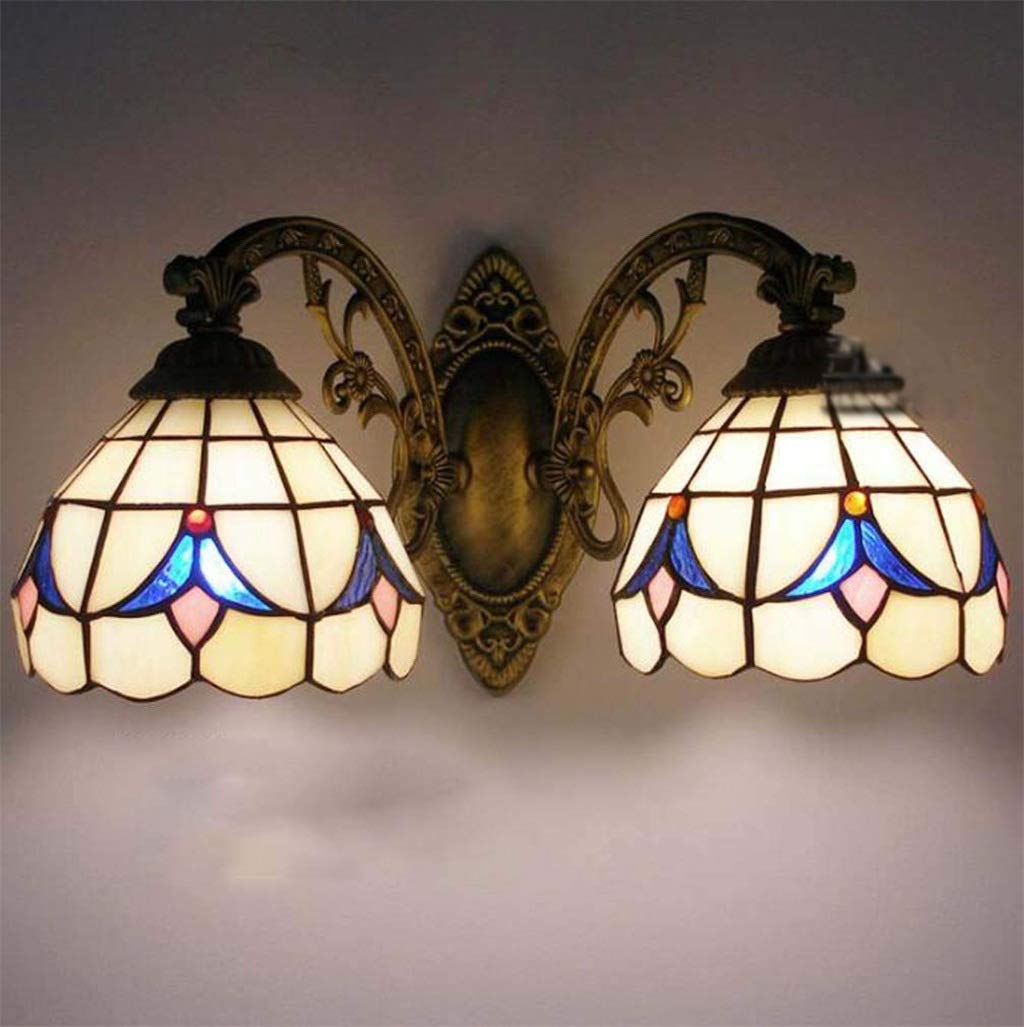 Aioneer European Tiffany Style Wall Lamp Lighting Sconces, 2-Lights Stained Glass Shade Wall Lighting Corridor Mirror Front Lamp Passage Hallway Light,A
