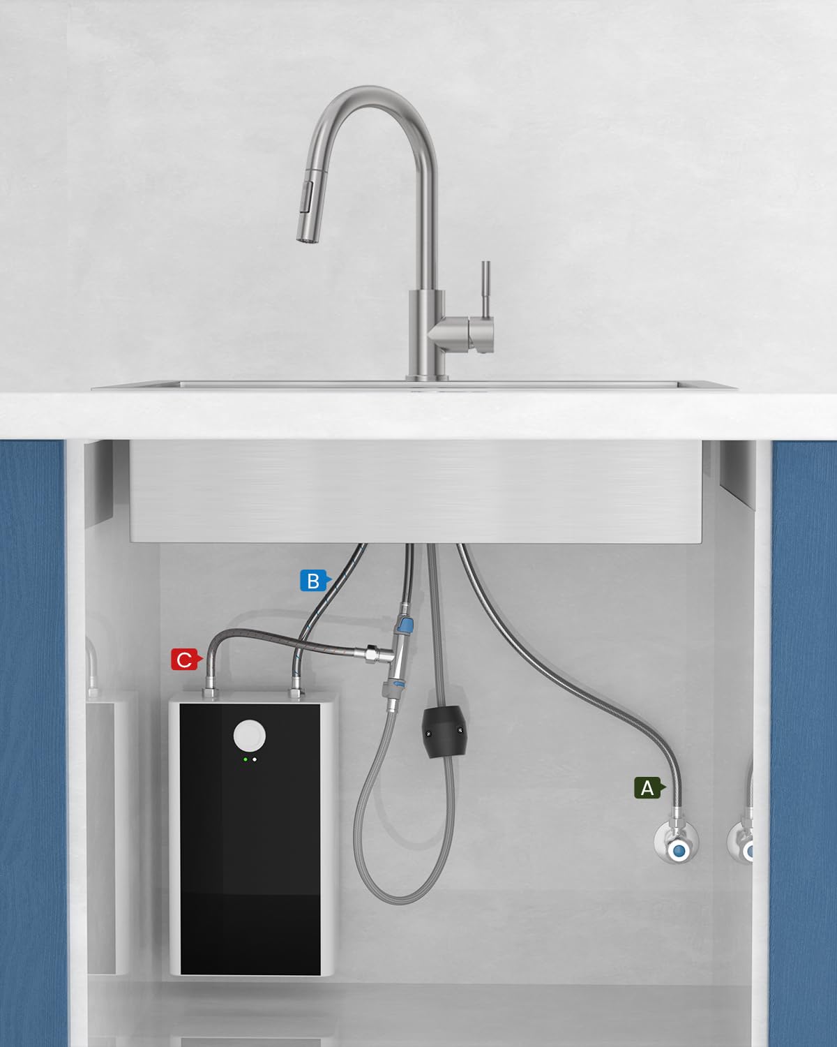APPASO Niederdruck Armatur Küche, Niederdruck Küchenarmatur Ausziehbar, Wasserhahn Küche 3 Anschlüssen, Spültischarmatur Niederdruck mit 2 Strahlarten für Boiler Gebürstet