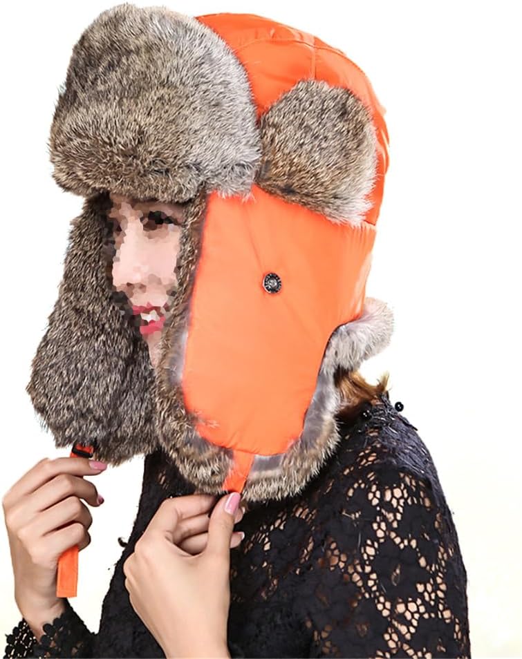 100% Real Rabbit Fur Hat Thicken Winter Warm Ushanka Trapper Cap for Women (Orange Medium(56-58cm))