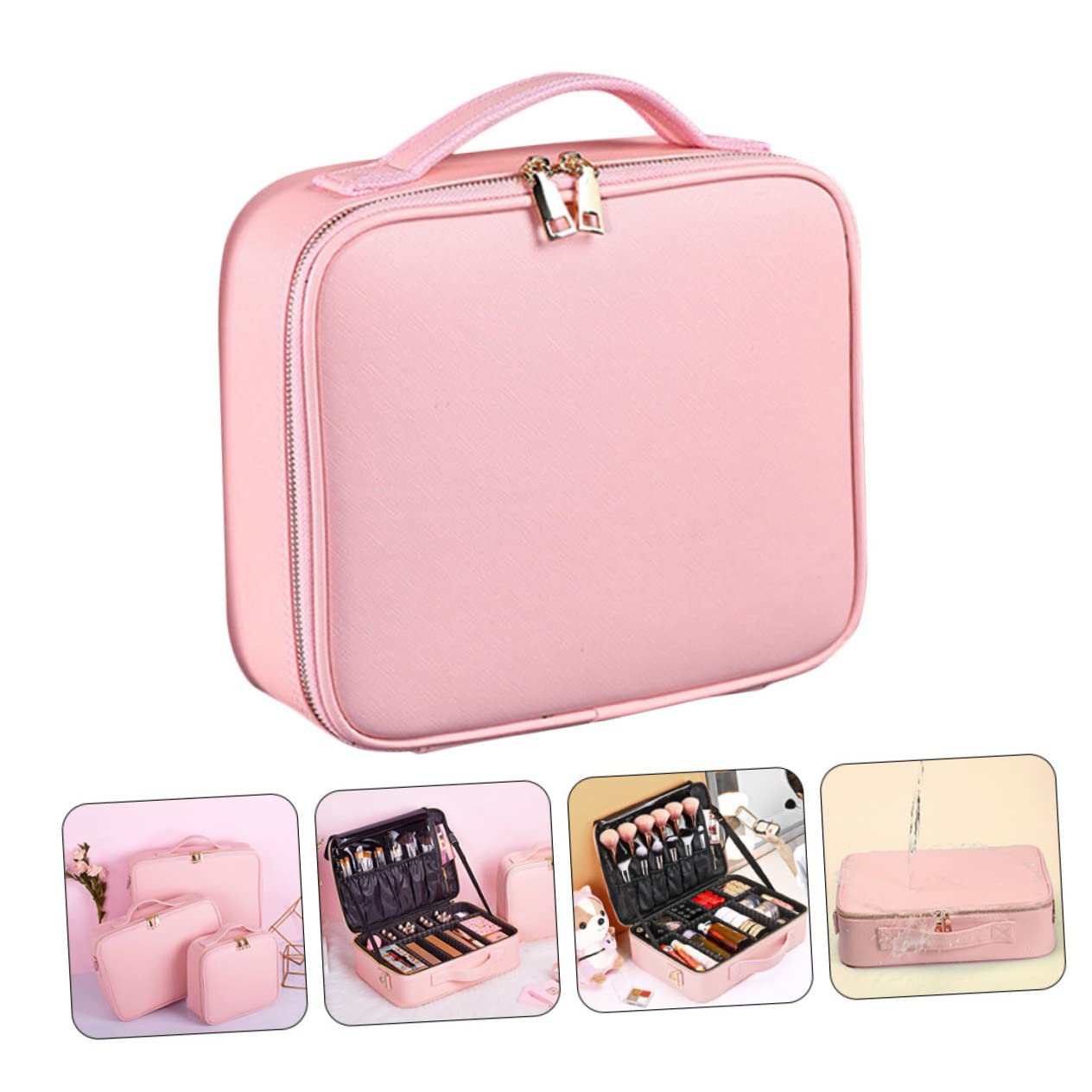 PU Bolsa de Maquillaje con Compartimentos Ajustables Grande Rosa