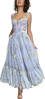 Women's Flower Embroidery Tulle Prom Dresses Tea Length Corset A Line Fairy Formal Evening Party Gown - Buy now
