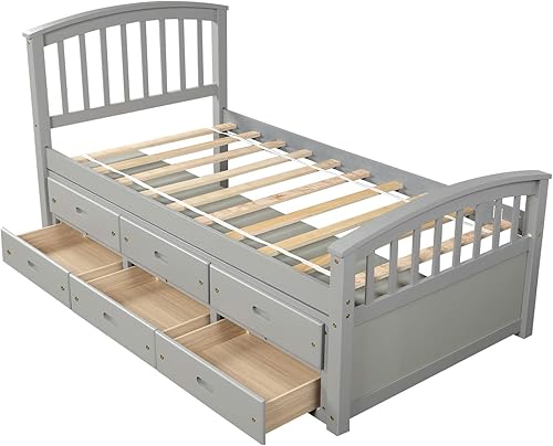Miniatura 5 de HYC Cama de plataforma de madera tamaño individual cama de almacenamiento capitán con 6 cajones muebles de dormitorio para niños gris