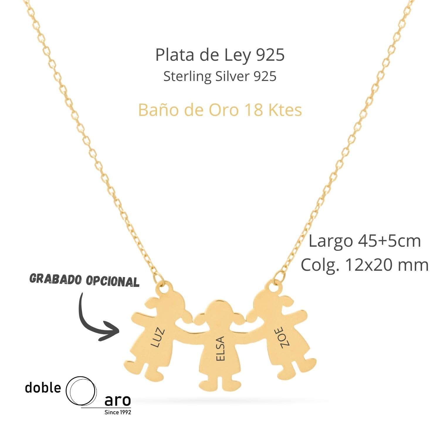 Collar con Colgante de Niños o Niñas Personalizable en Plata de Ley 925 o Bañado en Oro – Regalo Ideal para Mamás o Abuelas – 45cm + Alargador