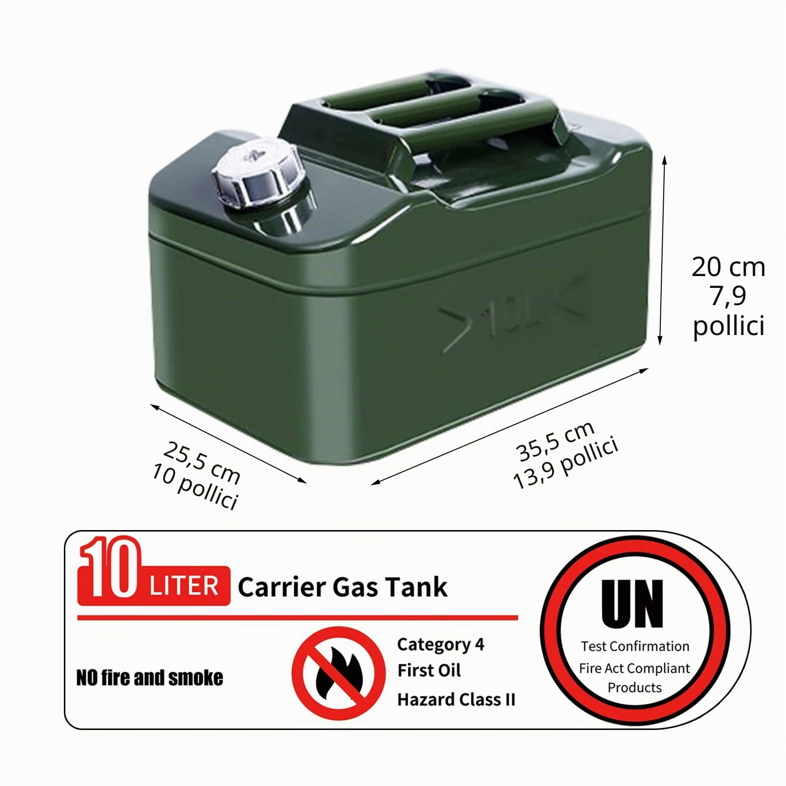 Tanica per benzina in metallo da 10 l, con beccuccio flessibile, bomboletta per benzina diesel e altre merci pericolose, colore: verde