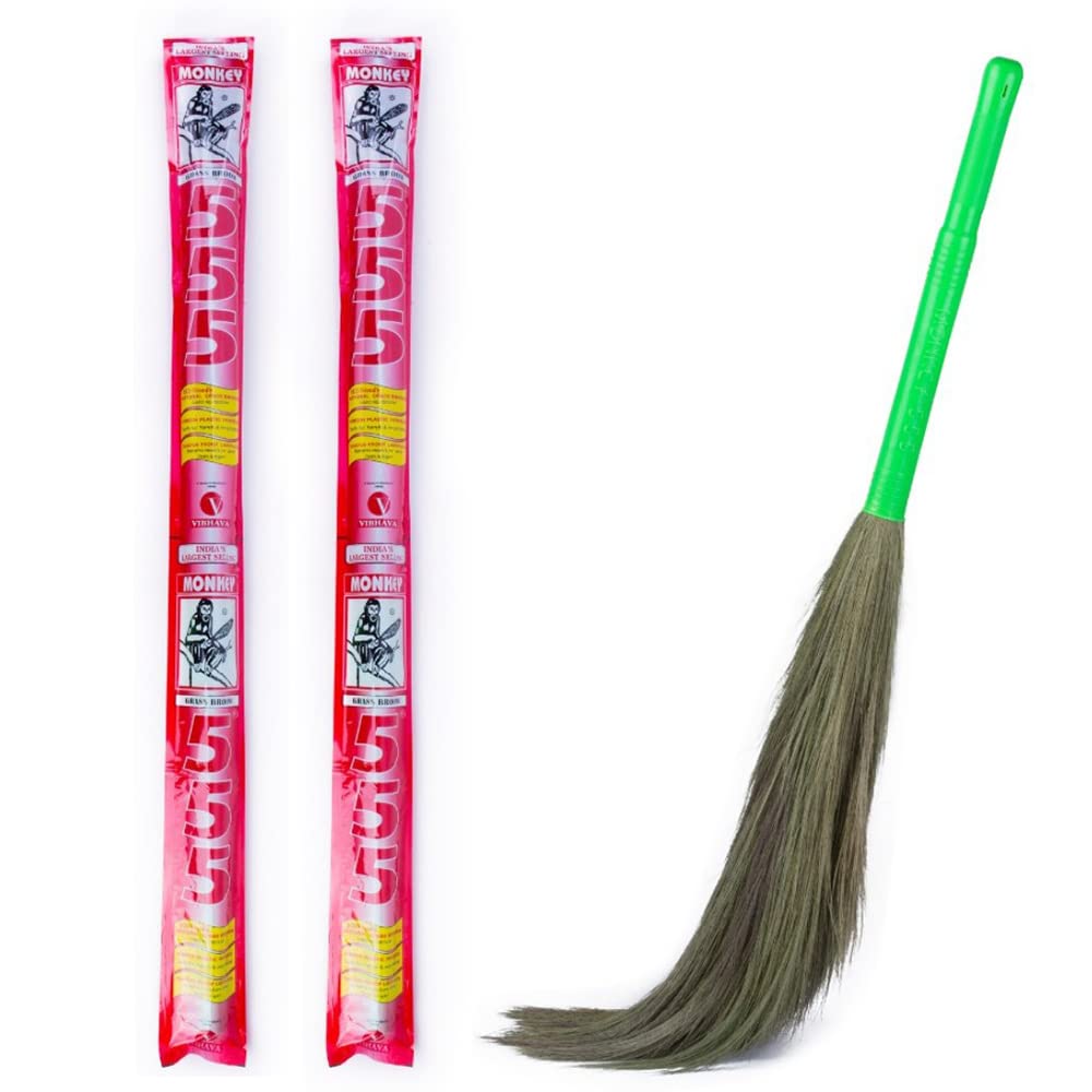 Monkey 555 Regular Grass Broom-Pack of 2 | Natural Garo-Hill Grass | Less dust Grass | Eco Friendly | Daily Use | Durable | Easy to use | Good Grip with Virgin Plastic Handle