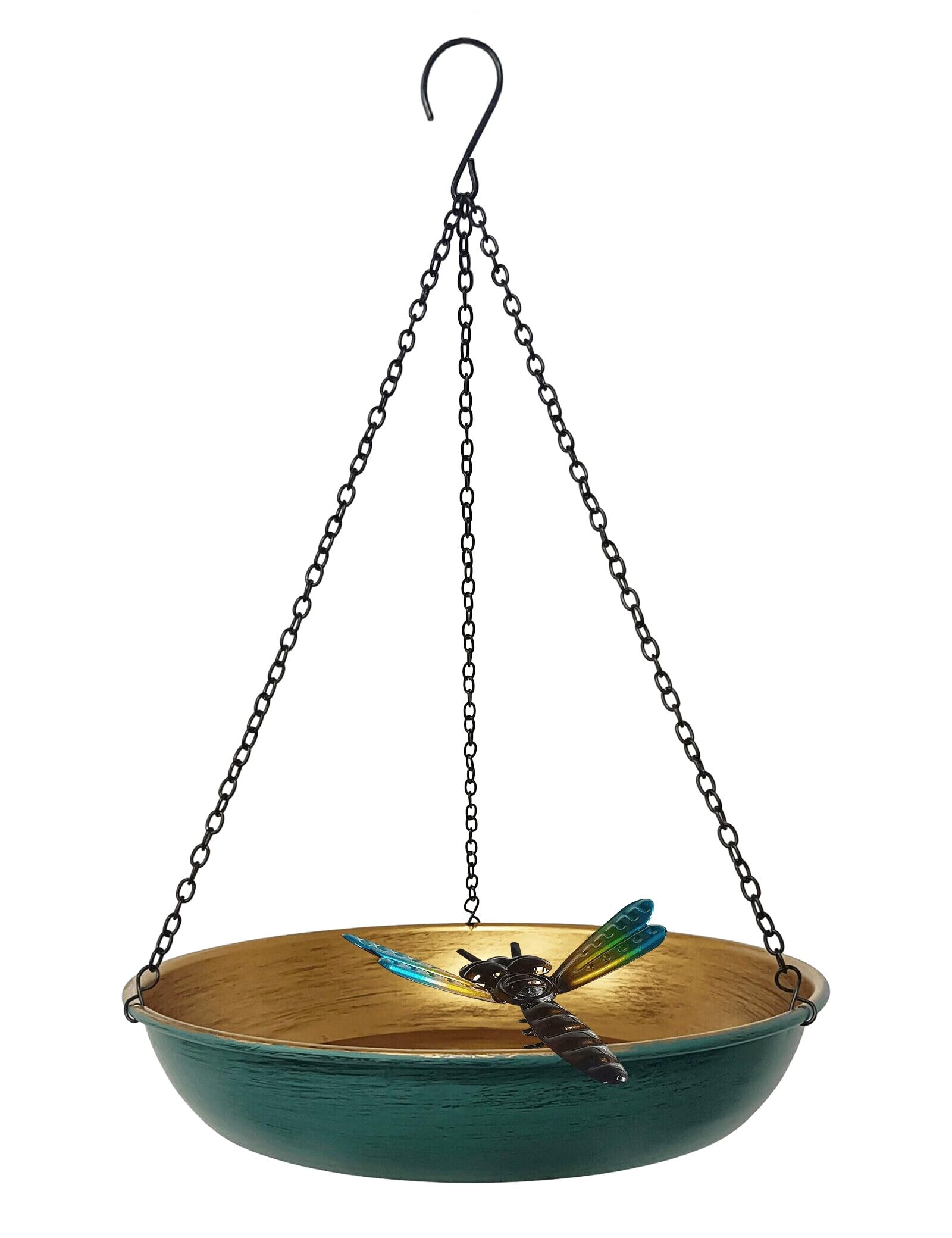 Hanging Birdbath Bird Feeder for Outdoor 11 Inch Green/Bronze Cute Metal Bird Bath Bowl with Detachable Black Chain Metal Dragonfly Backyard Birdbath Garden Decor