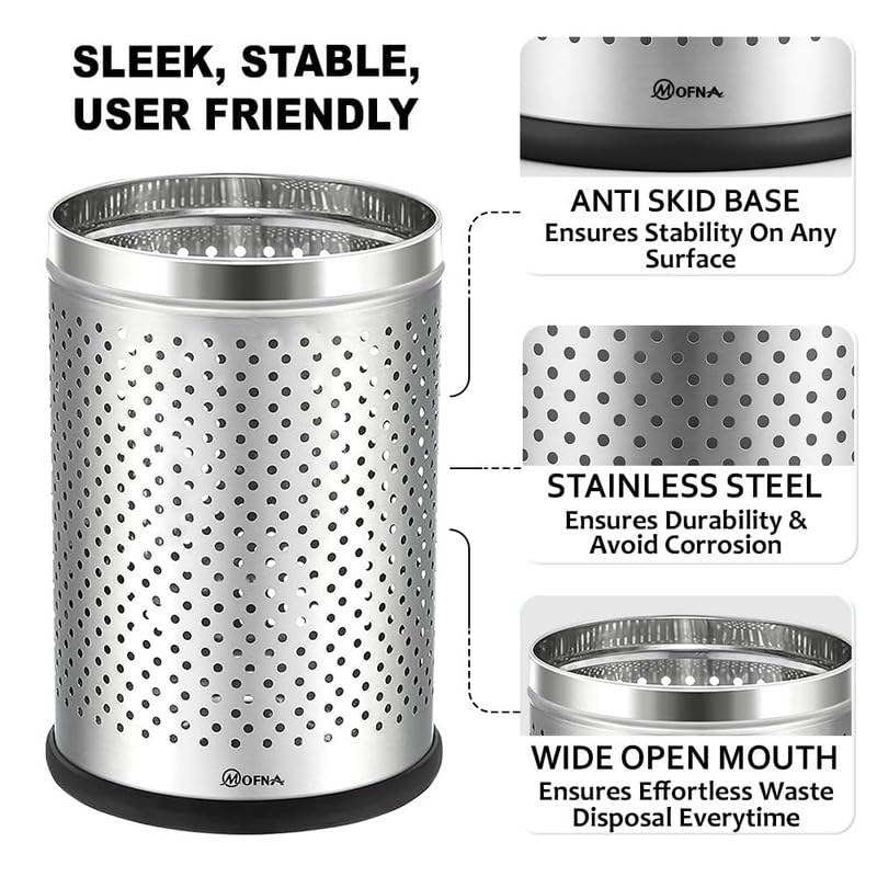 Image of mofna Stainless Steel Open Top Perforated Dustbin for Home 50L Trash Can with Anti-skid Base Waste Garbage Bin for Office, Bedroom, Kitchen & Commercial Use Silver