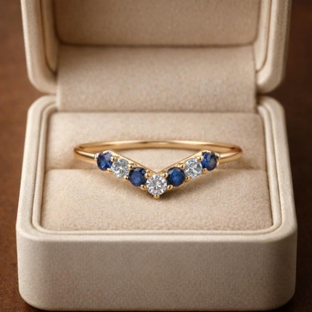 14K Yellow Gold Chevron Sapphire & Diamond Wedding Band for Women Curved V Shape Stackable Ring Contour Bridal Enhancer Band Anniversary Jewelry Gift for Her