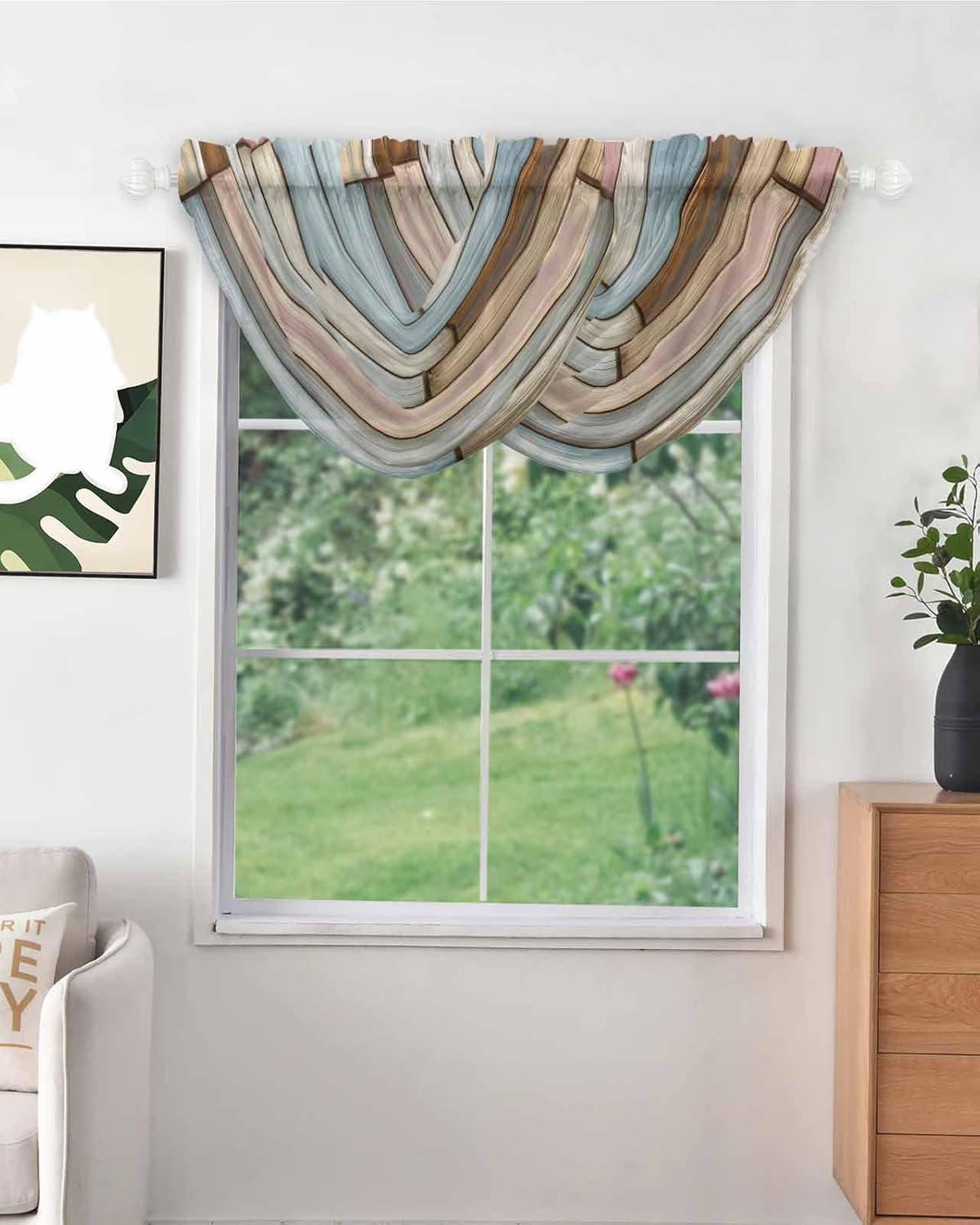 Blue Brown Pink Farmhouse Sheer Waterfall Valance Curtains for Window, Vintage Rustic Wooden Texture Rod Pocket Sheer Topper Swag Curtains for Living Room, Kitchen 38.5" W x 47.2" L, 3 Panels