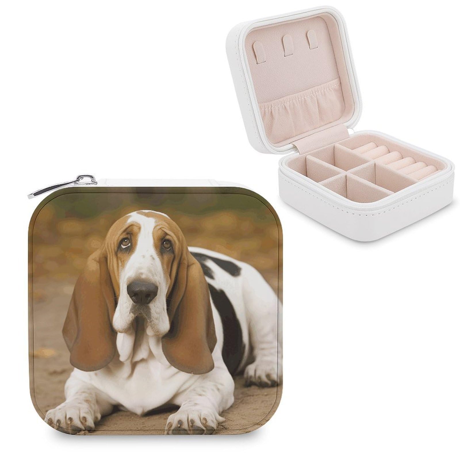 LZQPOEAS Basset Hound Jewelry Box Small Jewelry Case PU Leather Portable Travel Jewelry Case, Large Capacity for Rings Earrings Necklaces Bracelets Watch