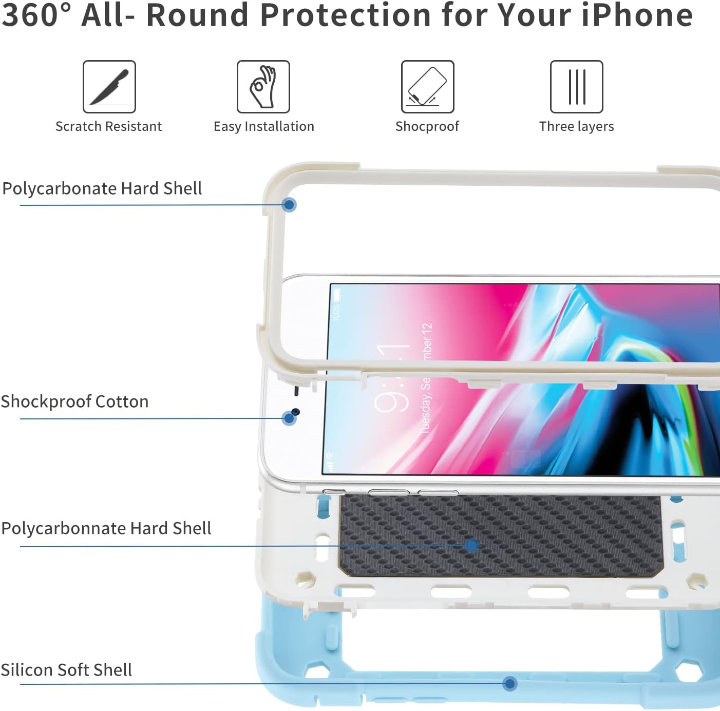 MARKILL Compatible with iPhone 6 Plus/6S Plus Case,iPhone 7 Plus case/iPhone 8 Plus Case 5.5 Inch with Ring Stand, Heavy-Duty Military Grade Shockproof Phone Cover. (Ice Blue)