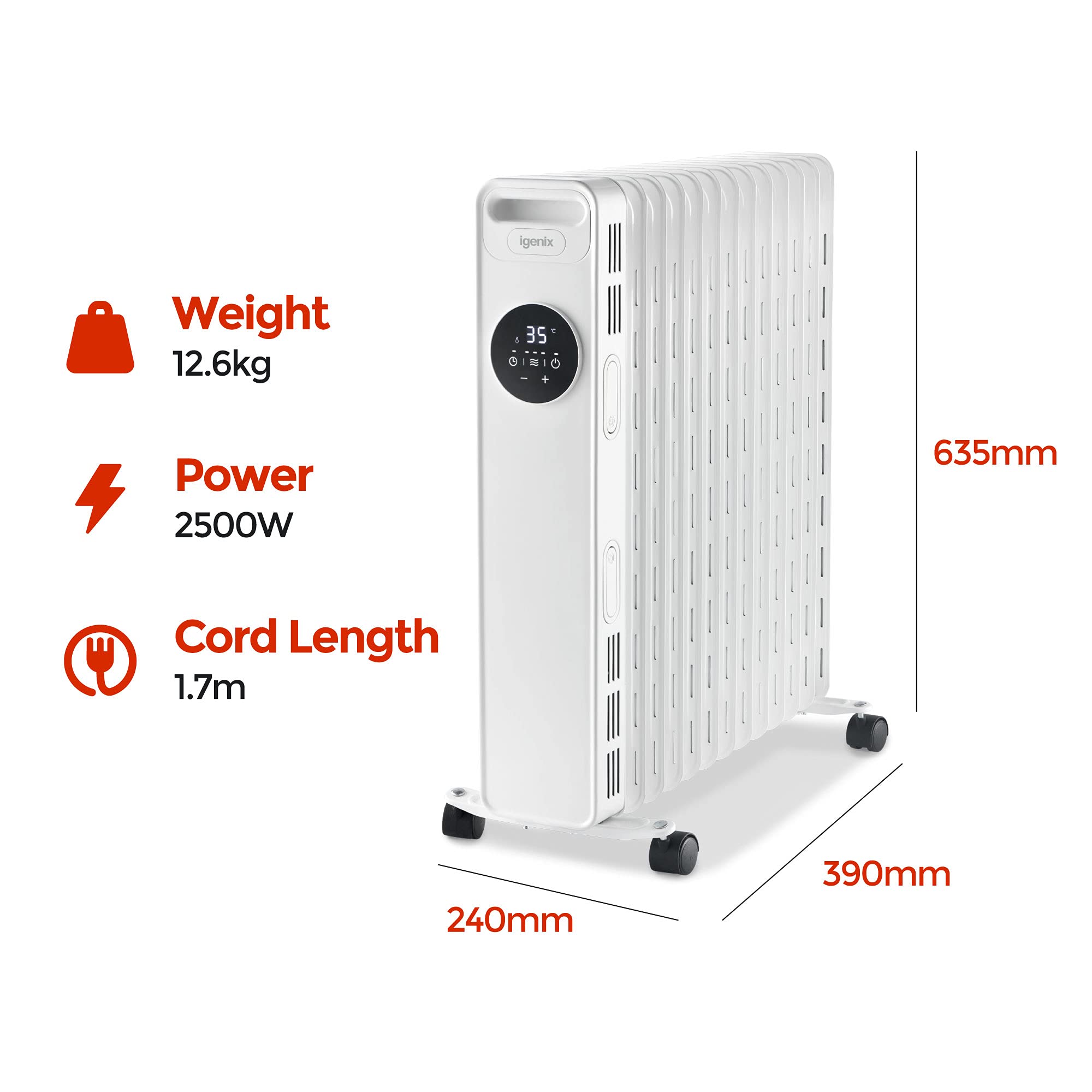 Igenix IG2626 Digital Oil Filled Radiator, 2.5kW/2500W 13 Fin Electric  Heater with Remote Control, 3 Adjustable Heat Settings u0026 Overheat  Protection, 2500 W, White : Amazon.co.uk: DIY u0026 Tools