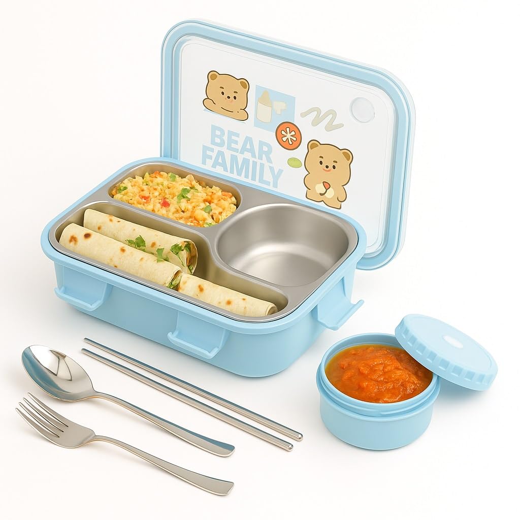 TEC TAVAKKAL Lunch Box 3 Compartment Leak-Proof BPA Free Stainless Steel, Lunch Box for Kids, Lunch Box for School & Office with a Fork, a Spoon and a Pair of Chopsticks (Bear Family Blue)