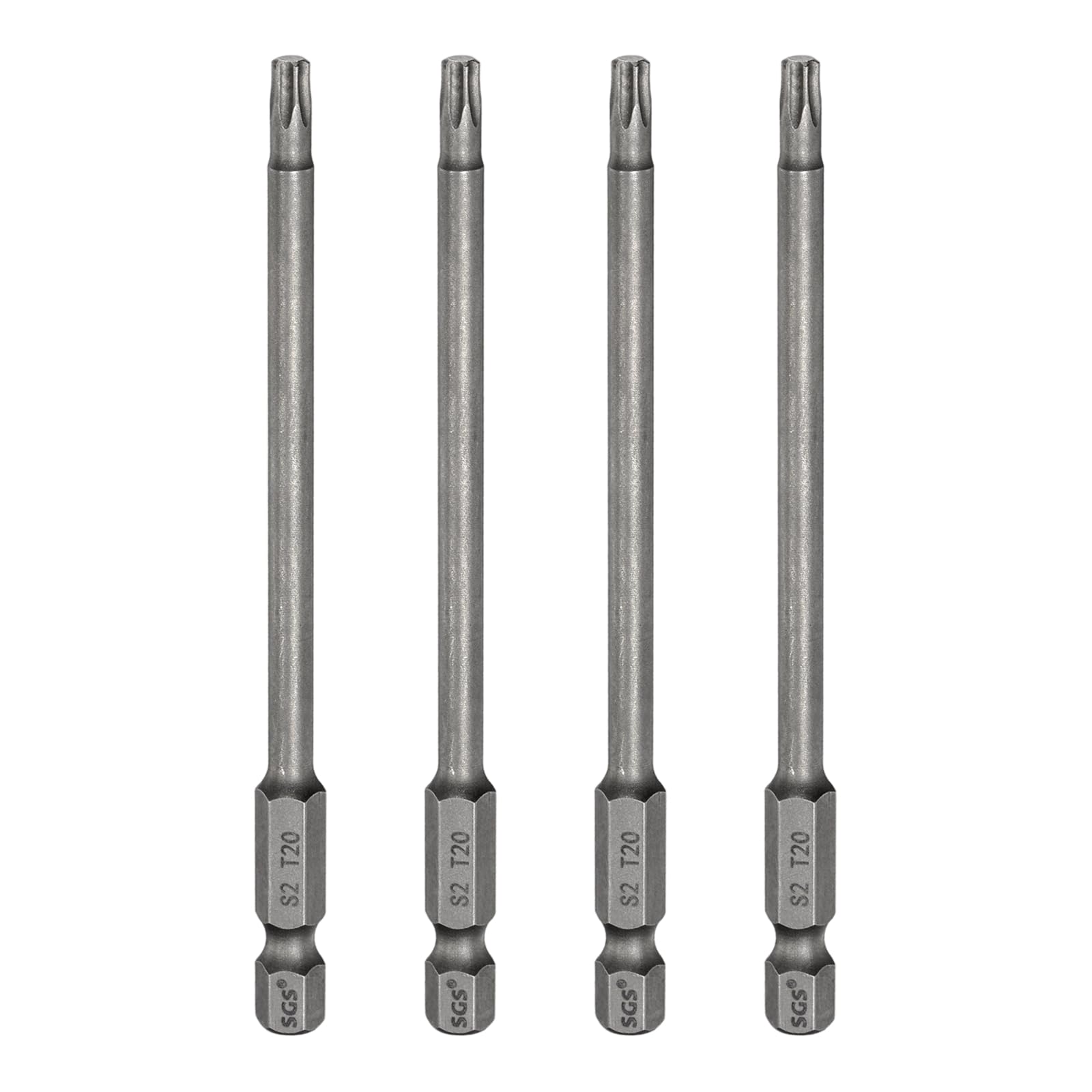 sourcing map 4pcs T20 Torx Head Screwdriver Bit 1/4" Hex Shank 4" (100mm) Long Magnetic No Hole Tip Tamper Proof 6 Point Star Screw Driver Drill Bits S2 Steel Industrial Power Screwdrivers