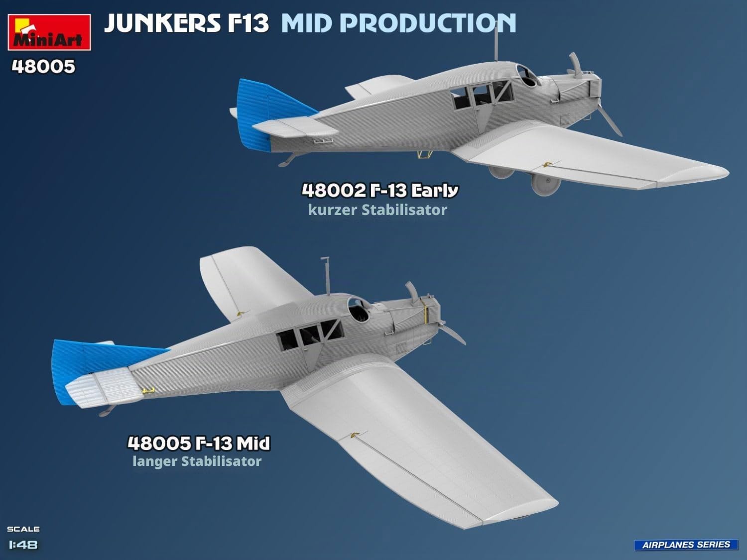 MiniArt 48005 1:48 Junkers F13 Zivil Mit. Prod. - originalgetreue Nachbildung, Modellbau, Plastik Bausatz, Basteln, Hobby, Kleben, Modellbausatz, Zusammenbauen, unlackiert