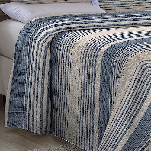 Cobre Leito King Size Com Fronhas Em Piquet Algodão 3 Peças Listrado Azul Marinho e Palha