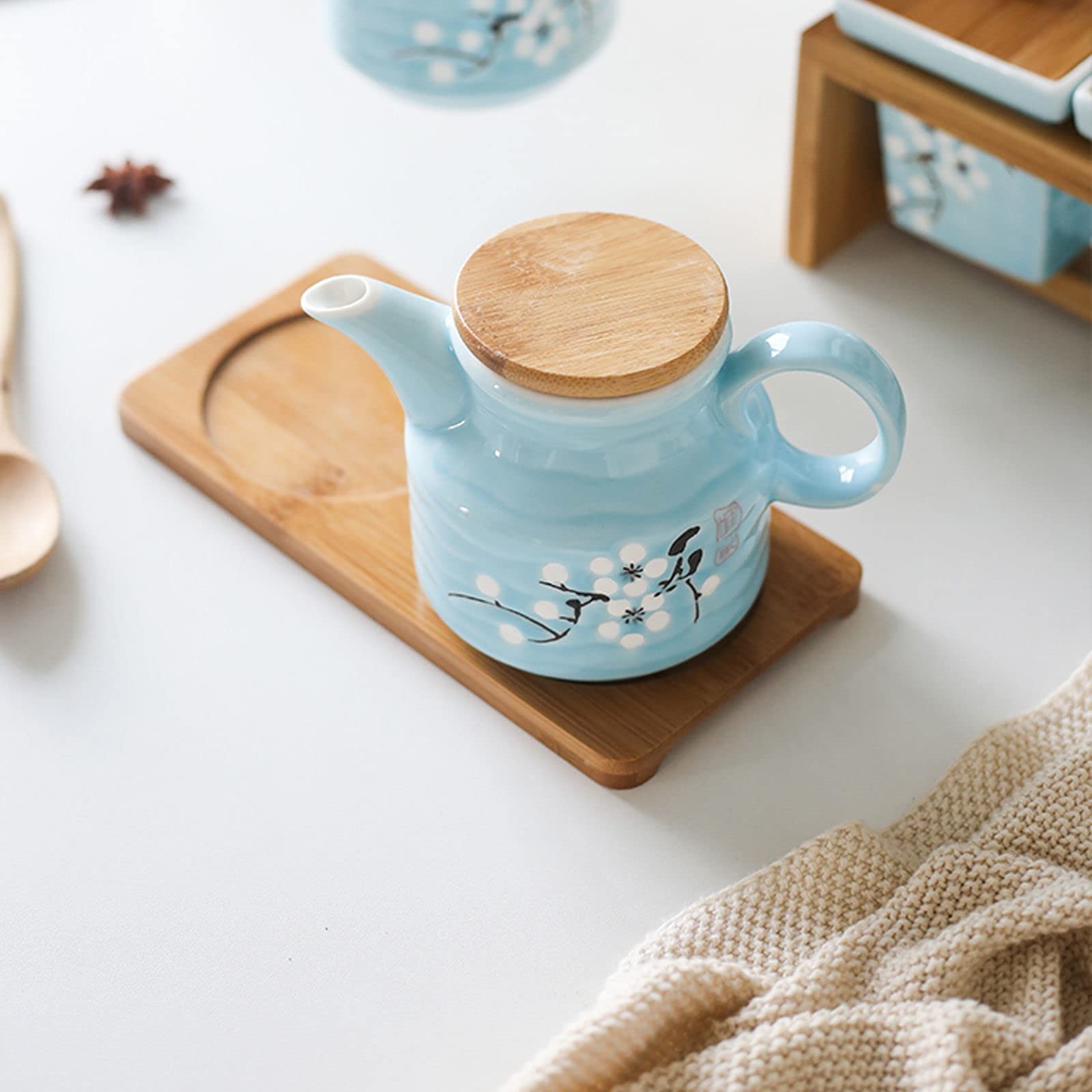 GERRIT Sucrier, sucrier en Fleur de Prunier avec Couvercle et cuillère, Pot à Sucre en céramique, Pot à Sucre, Pot à épices, Rangement de décoration de Cuisine, Bleu Clair, Ensemble de 4
