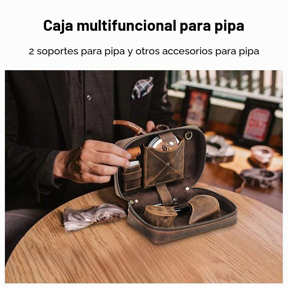 CONTACTS Bolsa de tabaco de cuero con soporte, funda de viaje con capacidad de 2 tubos, accesorios para pipas de fumar, organizador con correa de mano desmontable