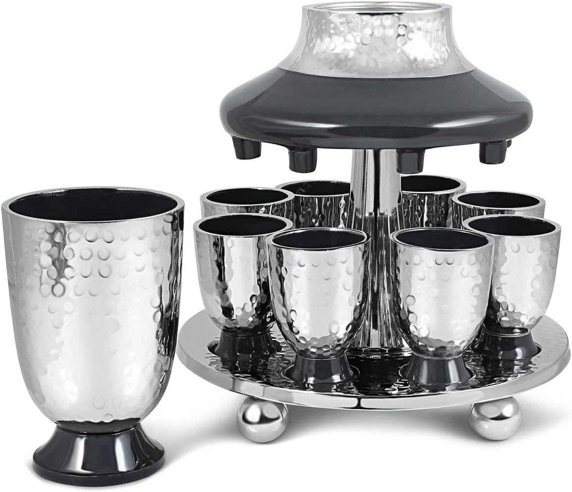 Elegant Display Kiddush Cup Wine Fountain Set - Hammered Metal with Enamel Detailing - Large Goblet, 8 Matching Shot Cups for Shabbat, Passover, Yom Tov, Wedding Gifts by Zion Judaica (Grey)
