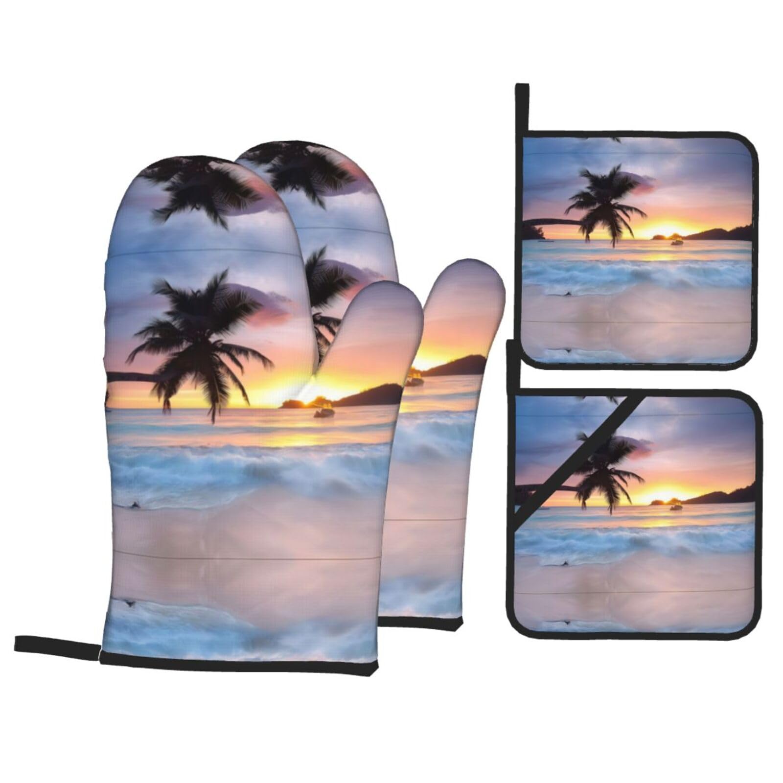 Sunrise Tropical Palm Tree Island Printed Baking 4-Piece Set, includes oven mitts and a heat-resistant mat, suitable for oven and BBQ use