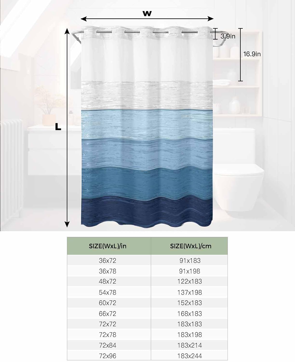 No Hook Shower Curtain with Snap in Liner Set Blue Wood Grain Shower Curtains for Bathroom Waterproof Rustic Ombre Wooden Stripes Bath Curtain with See Through Mesh Top Window for Hotel Spa 36x72
