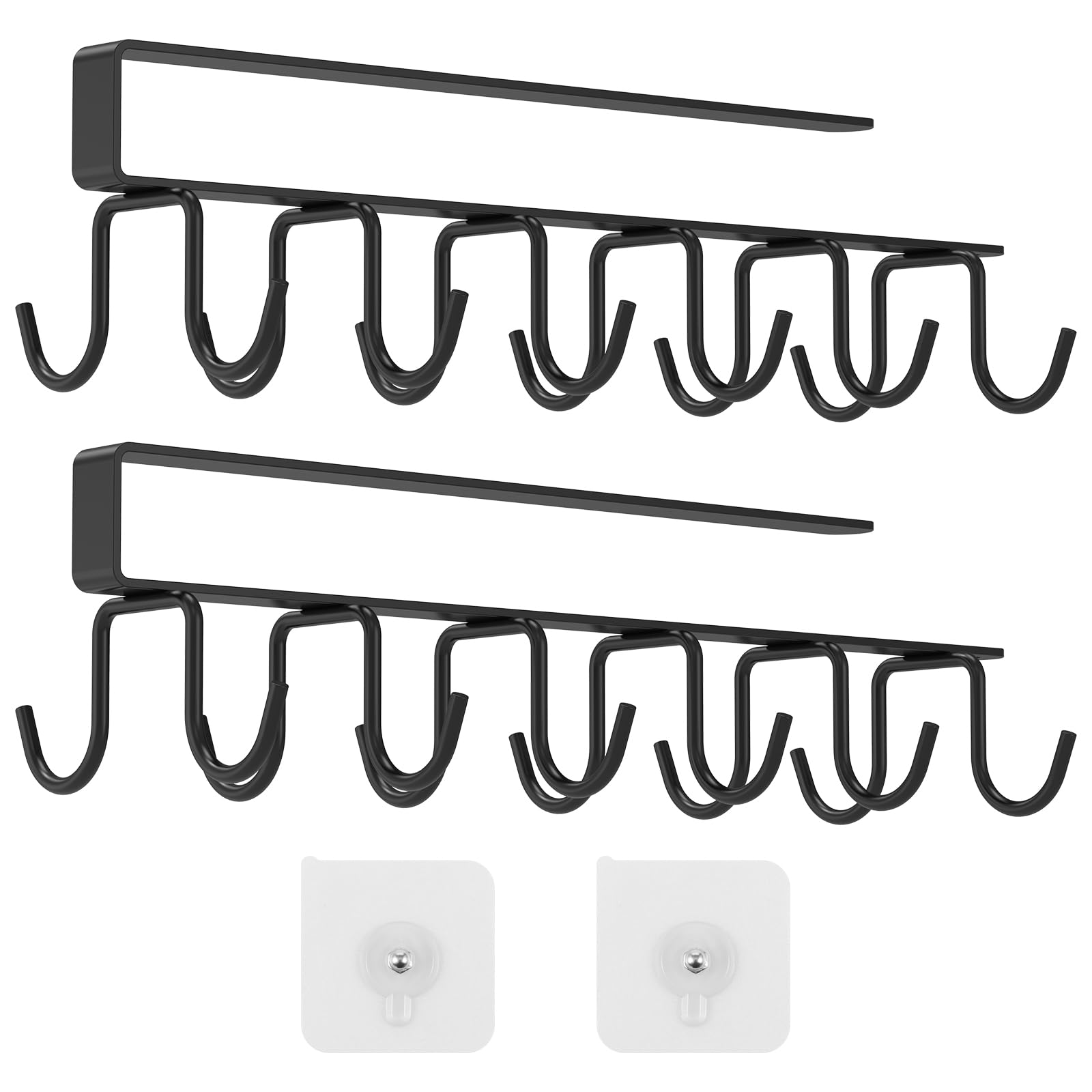 QINGLANG 2Pcs Mug Hooks Under Shelf Cup Hanger Under Cupboard with 12 Hooks No Drilling Hook Coffee Cup Mug Organiser with Adhesive Screws for Kitchen Cupboard Restaurant Coffee Shop Bar