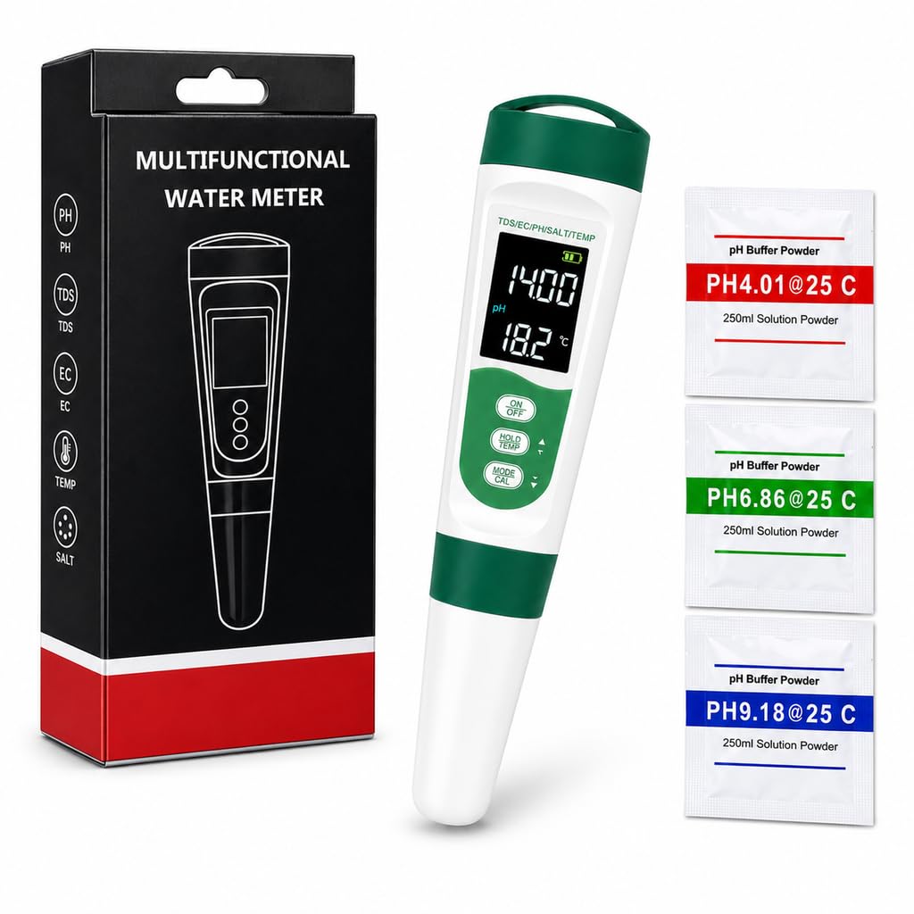5 in 1 Water Quality Tester, Digital pH TDS EC Salinity Temperature Meter with Backlit LCD & ATC, Portable Pen Test Kit for Hydroponics Aquarium Fish Tank Pool Spa Drinking Water