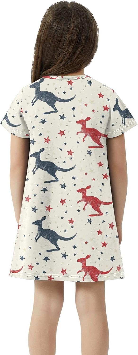 Kangaroo and Star Girls Dresses Summer Dresses for Girls with Cotton Short Sleeves for Casual a Line Dress Size 2-8Y