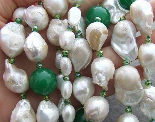 25Mm White Freshwater Keshi Pearl Green Jade Crystal Multi Strands Necklace 19" #TOP2