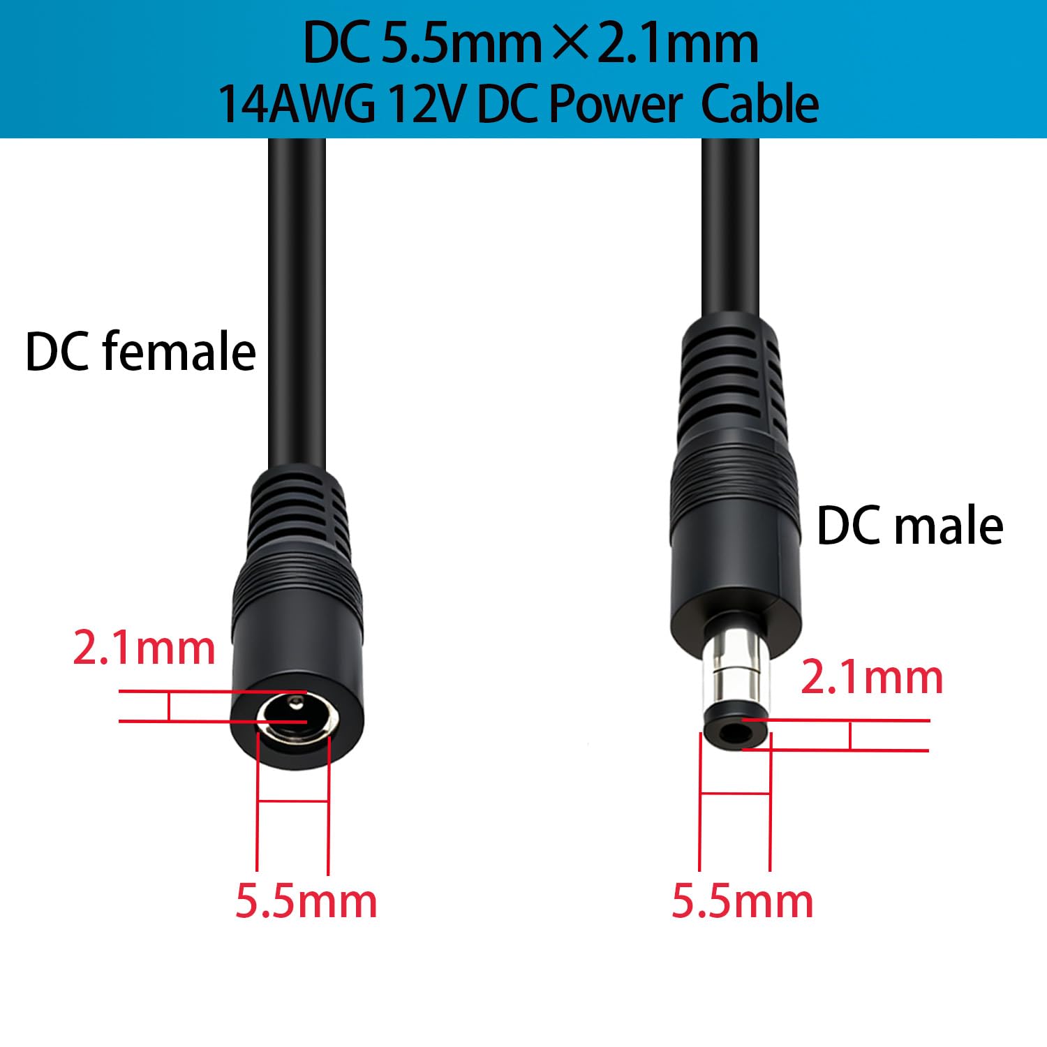 Verlängerungskabel, 14 AWG, Gleichstrom, 5,5 mm x 2,1 mm, 2 Stück | Stecker auf Buchse, 12 V/24 V Hochstrom, für CCTV-Kamera, Solarpanel, Wohnmobil