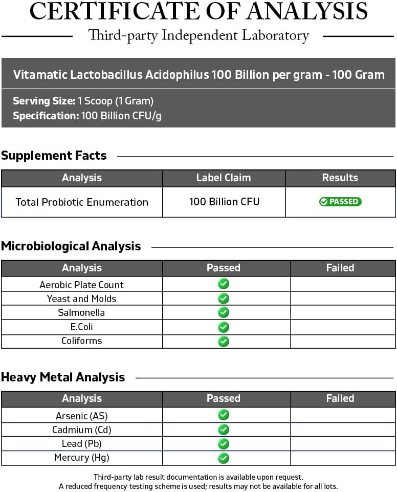 Vitamatic Lactobacillus Acidophilus Probiotic Powder - Digestive Health Support - 100 Gram (3.5 OZ) - 100 Servings