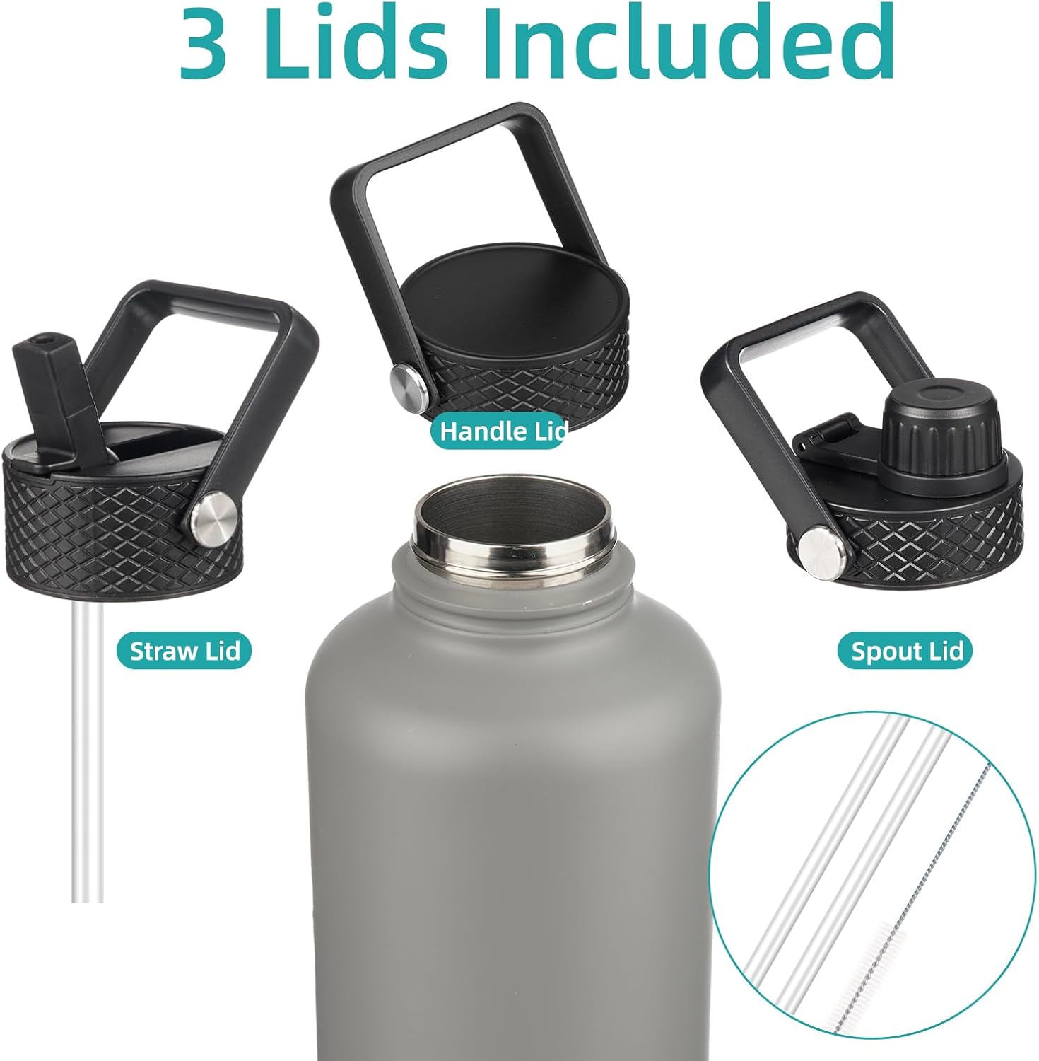Half Gallon Insulated Water Bottle with Straw,64 oz 3 Lids Water Jug with Carrying Bag,Paracord Handle,Double Wall Vacuum Stainless Steel Metal Flask,Gray - Image 4