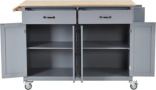 Miniatura 3 de Carrito móvil de isla de cocina con gabinete sobre ruedas, carrito rodante con tapa de madera de caucho, cajones, toallero y estante para especias